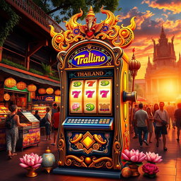 A vibrant and colorful scene depicting a slot machine in Thailand, adorned with traditional Thai motifs and symbols like elephants and lotus flowers