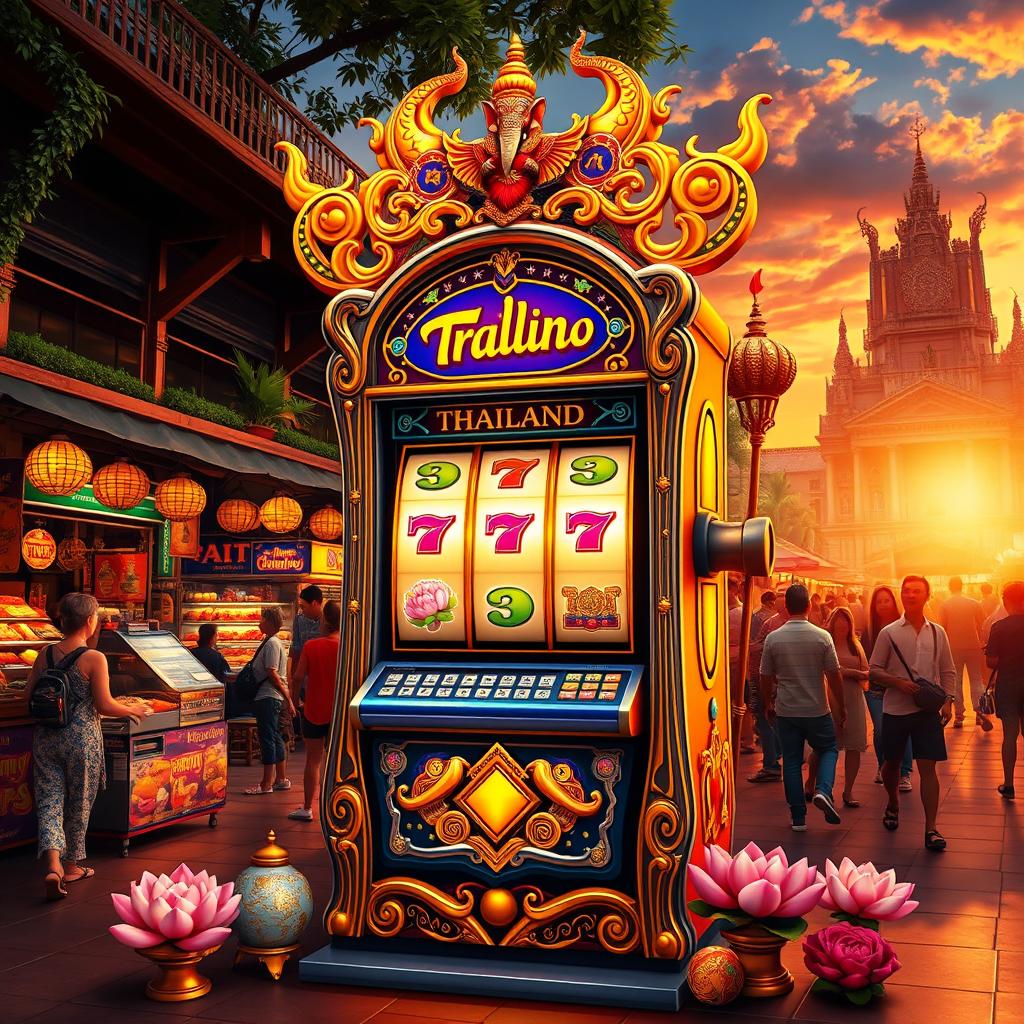 A vibrant and colorful scene depicting a slot machine in Thailand, adorned with traditional Thai motifs and symbols like elephants and lotus flowers
