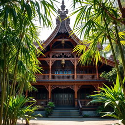 An intricately designed Joglo classic house from Java, Indonesia, showcasing its unique architectural features such as high wooden ceilings, traditional ornate carvings, and distinctive triangular roof structure