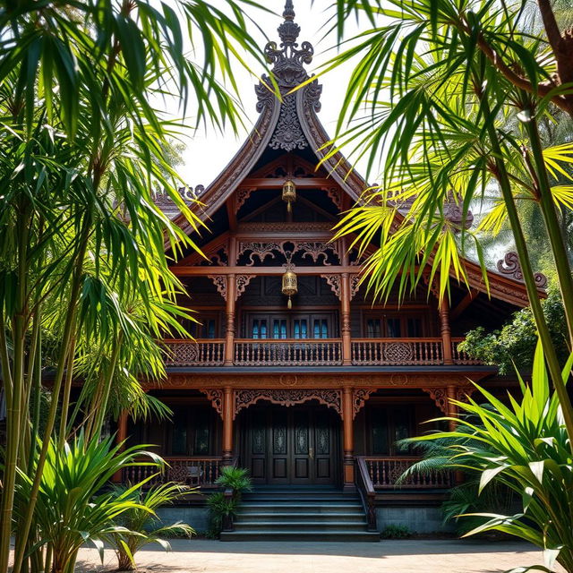An intricately designed Joglo classic house from Java, Indonesia, showcasing its unique architectural features such as high wooden ceilings, traditional ornate carvings, and distinctive triangular roof structure