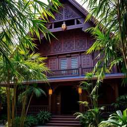 An intricately designed Joglo classic house from Java, Indonesia, showcasing its unique architectural features such as high wooden ceilings, traditional ornate carvings, and distinctive triangular roof structure