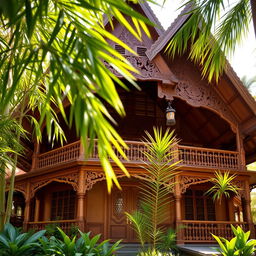 An intricately designed Joglo classic house from Java, Indonesia, showcasing its unique architectural features such as high wooden ceilings, traditional ornate carvings, and distinctive triangular roof structure