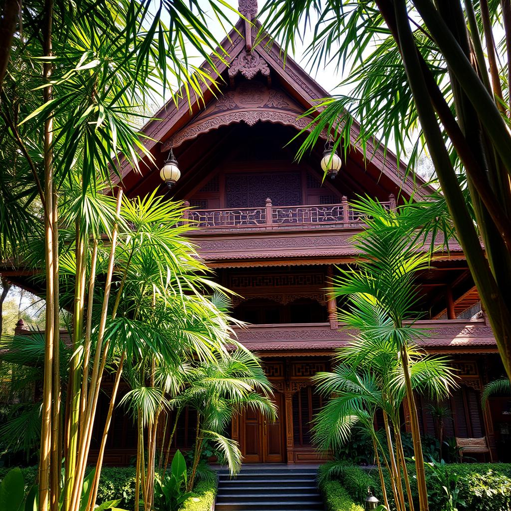An intricately designed Joglo classic house from Java, Indonesia, showcasing its unique architectural features such as high wooden ceilings, traditional ornate carvings, and distinctive triangular roof structure