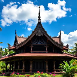 A beautiful traditional Joglo house from Java, Indonesia, showcasing intricate wooden architecture with a high, pointed roof and ornate carvings