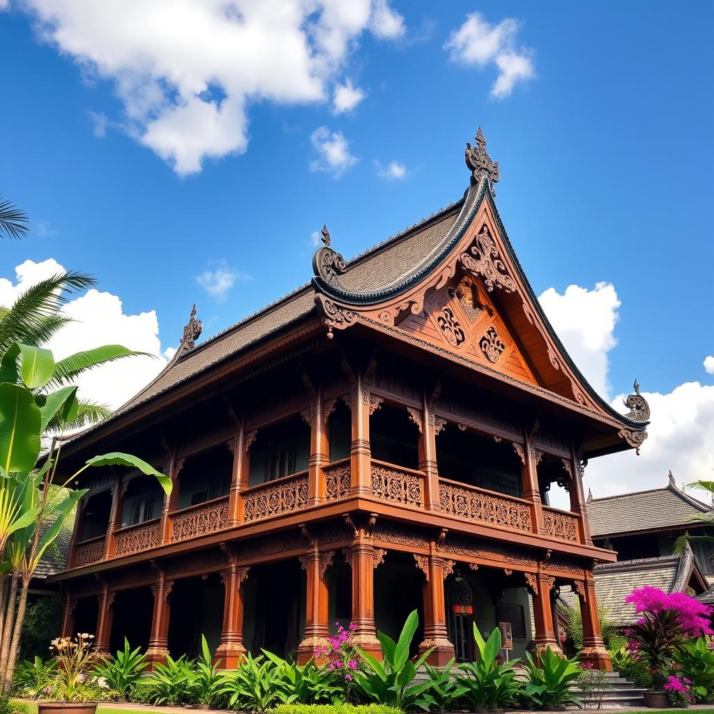A beautiful traditional Joglo house from Java, Indonesia, showcasing intricate wooden architecture with a high, pointed roof and ornate carvings
