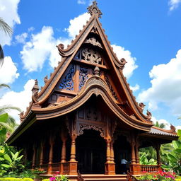 A beautiful traditional Joglo house from Java, Indonesia, showcasing intricate wooden architecture with a high, pointed roof and ornate carvings