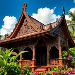 A beautiful traditional Joglo house from Java, Indonesia, showcasing intricate wooden architecture with a high, pointed roof and ornate carvings