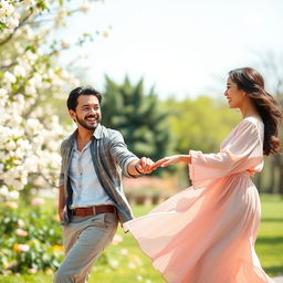 A scene depicting a man gently pulling a woman's hand, showcasing a playful and affectionate interaction between them