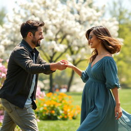 A scene depicting a man gently pulling a woman's hand, showcasing a playful and affectionate interaction between them