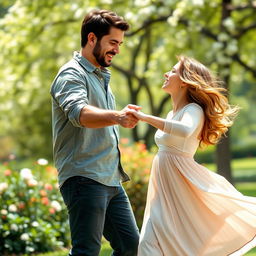 A scene depicting a man gently pulling a woman's hand, showcasing a playful and affectionate interaction between them