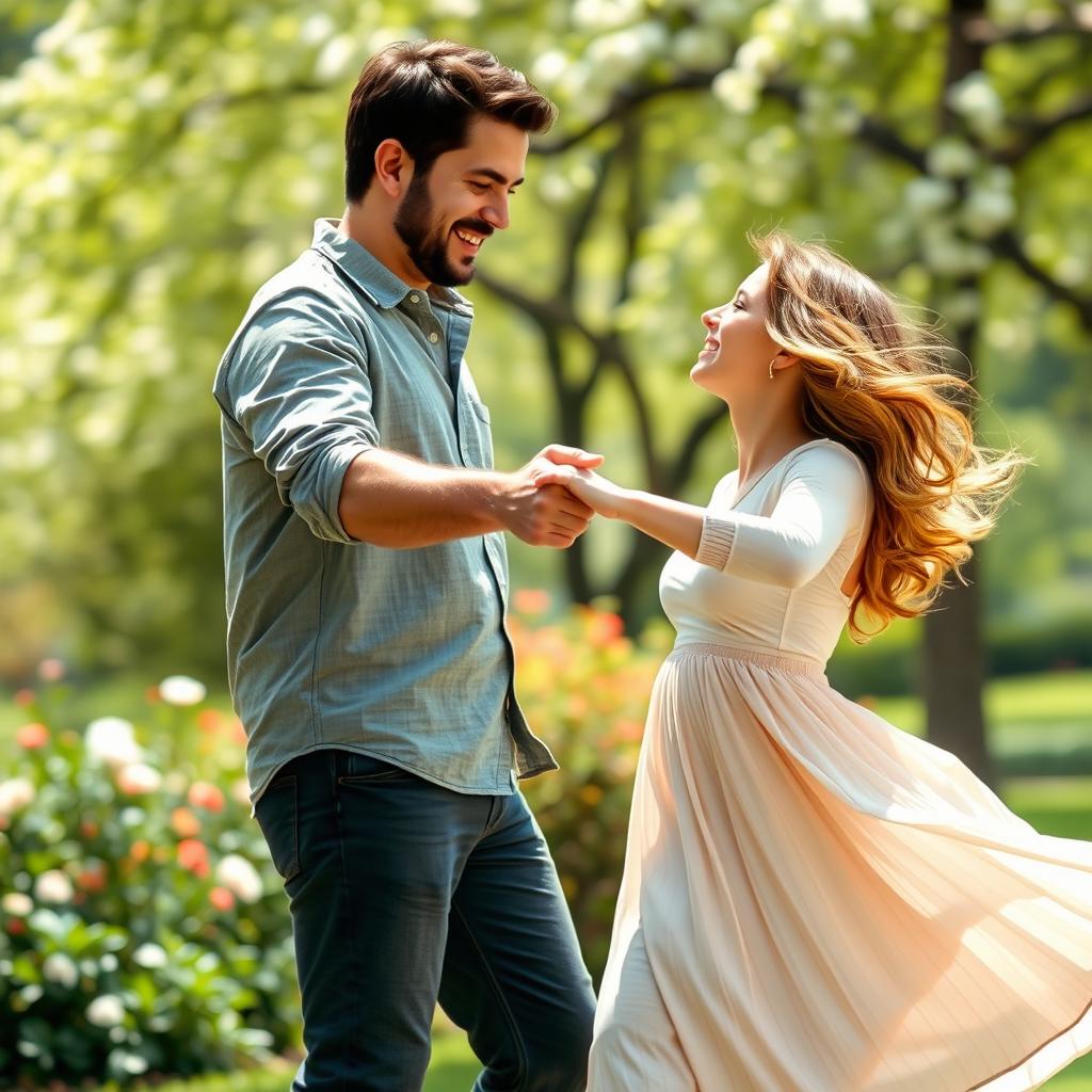 A scene depicting a man gently pulling a woman's hand, showcasing a playful and affectionate interaction between them