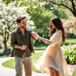 A scene depicting a man gently pulling a woman's hand, showcasing a playful and affectionate interaction between them