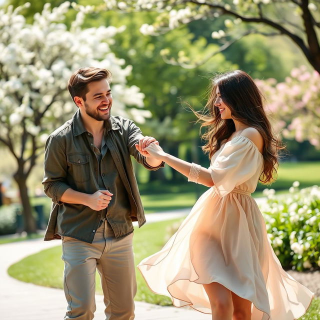 A scene depicting a man gently pulling a woman's hand, showcasing a playful and affectionate interaction between them