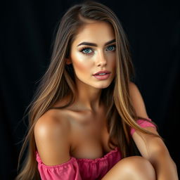 A close-up portrait of a stunning model with long, flowing hair, sitting against a black towel background