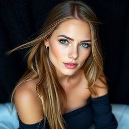 A close-up portrait of a stunning model with long, flowing hair, sitting against a black towel background