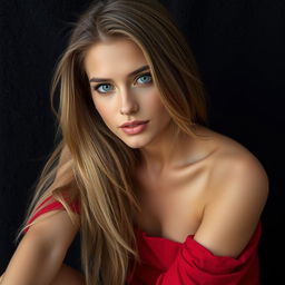 A close-up portrait of a stunning model with long, flowing hair, sitting against a black towel background