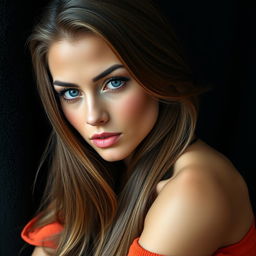 A close-up portrait of a stunning model with long, flowing hair, sitting against a black towel background