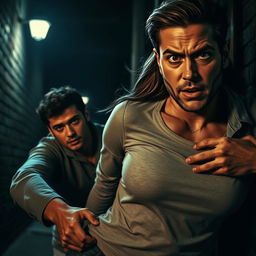 A dramatic digital artwork portraying a tense moment where a man is attempting to pull a woman away in a suspenseful scene