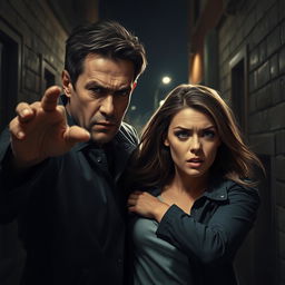 A dramatic digital artwork portraying a tense moment where a man is attempting to pull a woman away in a suspenseful scene