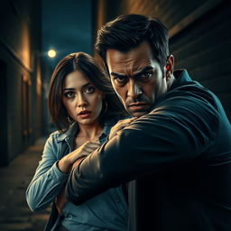 A dramatic digital artwork portraying a tense moment where a man is attempting to pull a woman away in a suspenseful scene