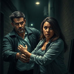A dramatic digital artwork portraying a tense moment where a man is attempting to pull a woman away in a suspenseful scene