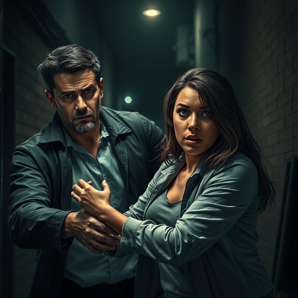 A dramatic digital artwork portraying a tense moment where a man is attempting to pull a woman away in a suspenseful scene