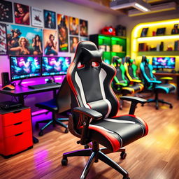 A vibrant and dynamic gaming office environment showcasing a variety of stylish gaming office chairs, each with distinct designs and colors