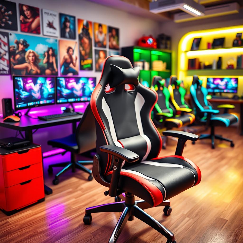 A vibrant and dynamic gaming office environment showcasing a variety of stylish gaming office chairs, each with distinct designs and colors