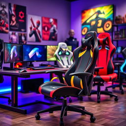 A vibrant and dynamic gaming office environment showcasing a variety of stylish gaming office chairs, each with distinct designs and colors