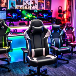 A vibrant and dynamic gaming office environment showcasing a variety of stylish gaming office chairs, each with distinct designs and colors