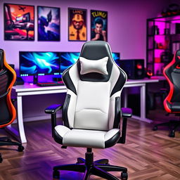 A vibrant and dynamic gaming office environment showcasing a variety of stylish gaming office chairs, each with distinct designs and colors