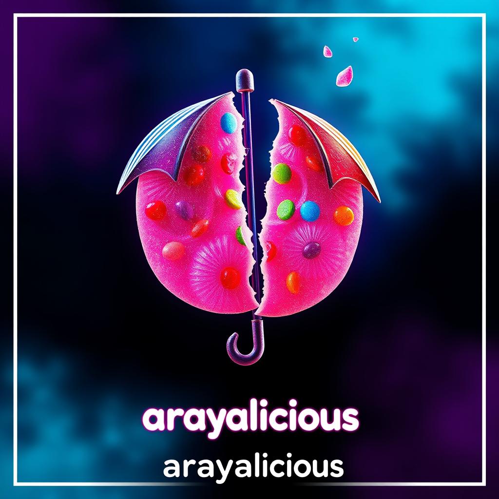 A vibrant poster inspired by the Dalgona candy challenge from Squid Game, featuring a stylized Dalgona piece shaped like an umbrella that is dramatically broken in half