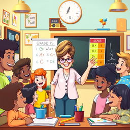 A colorful and engaging digital illustration of a classroom scene, highlighting a cheerful teacher standing at the blackboard, surrounded by diverse, happy students actively participating in a lesson