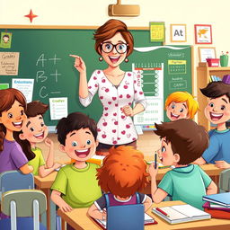 A colorful and engaging digital illustration of a classroom scene, highlighting a cheerful teacher standing at the blackboard, surrounded by diverse, happy students actively participating in a lesson