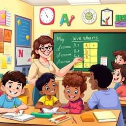 A colorful and engaging digital illustration of a classroom scene, highlighting a cheerful teacher standing at the blackboard, surrounded by diverse, happy students actively participating in a lesson