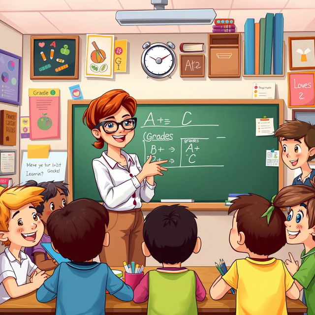A colorful and engaging digital illustration of a classroom scene, highlighting a cheerful teacher standing at the blackboard, surrounded by diverse, happy students actively participating in a lesson