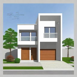 A front elevation view of a 2 bedroom, 2 washroom house plot map design with car parking, all fit within a 30x30 feet plot. The design conveys skilled space planning and striking architectural layout.