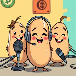 Three cartoonish drawn potatoes, one of them being a female potato with a cute, friendly smile, wearing a headset to represent a podcast theme