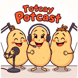 Three cartoonish drawn potatoes, one of them being a female potato with a cute, friendly smile, wearing a headset to represent a podcast theme