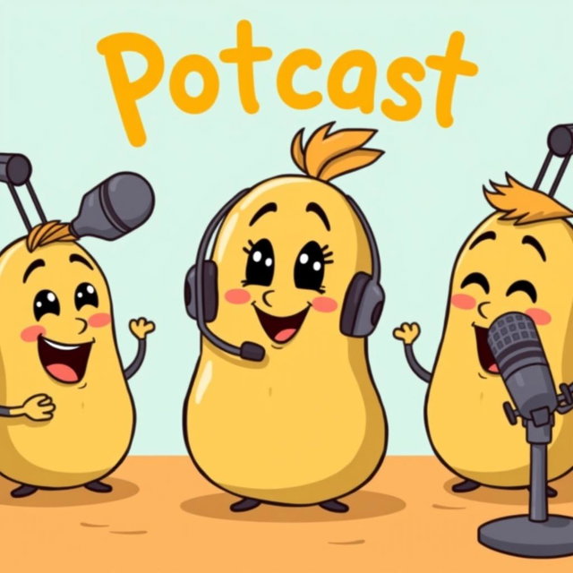 Three cartoonish drawn potatoes, one of them being a female potato with a cute, friendly smile, wearing a headset to represent a podcast theme