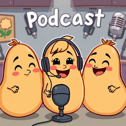 Three cartoonish drawn potatoes, one of them being a female potato with a cute, friendly smile, wearing a headset to represent a podcast theme