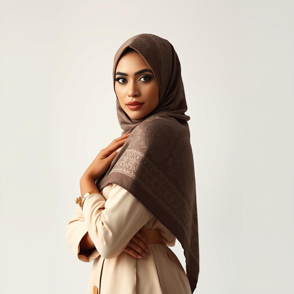 A striking artistic representation of a woman wearing a hijab, posed gracefully and confidently