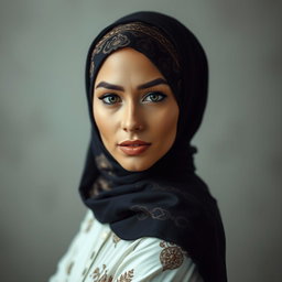 A striking artistic representation of a woman wearing a hijab, posed gracefully and confidently