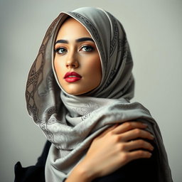 A striking artistic representation of a woman wearing a hijab, posed gracefully and confidently