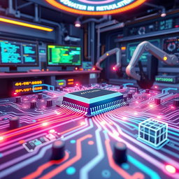 An illustration of computer engineering concepts, featuring a detailed close-up of a microprocessor circuit board, with illuminated pathways showing data flow