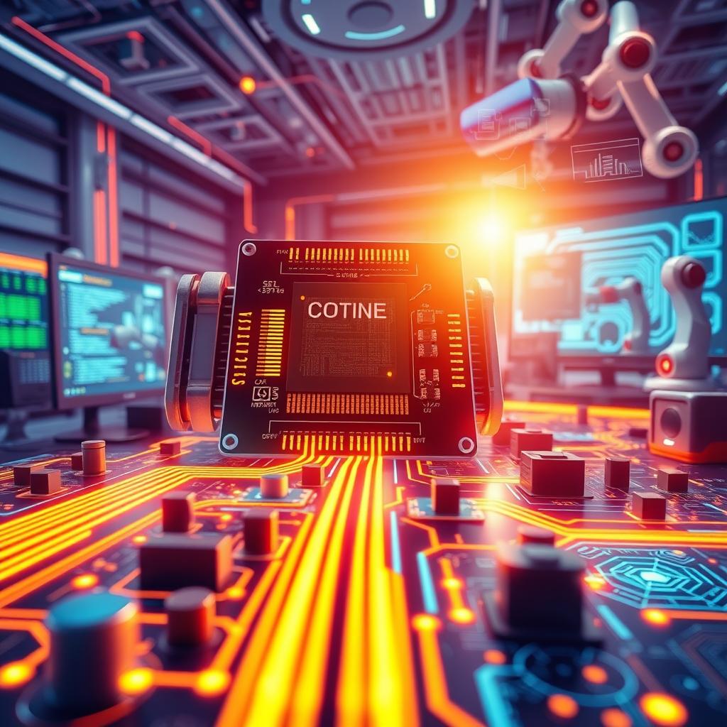 An illustration of computer engineering concepts, featuring a detailed close-up of a microprocessor circuit board, with illuminated pathways showing data flow