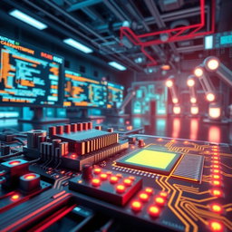 An illustration of computer engineering concepts, featuring a detailed close-up of a microprocessor circuit board, with illuminated pathways showing data flow