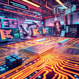 An illustration of computer engineering concepts, featuring a detailed close-up of a microprocessor circuit board, with illuminated pathways showing data flow