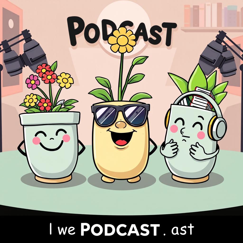 A creative illustration of three unique, cartoon-style pots designed for a podcast theme
