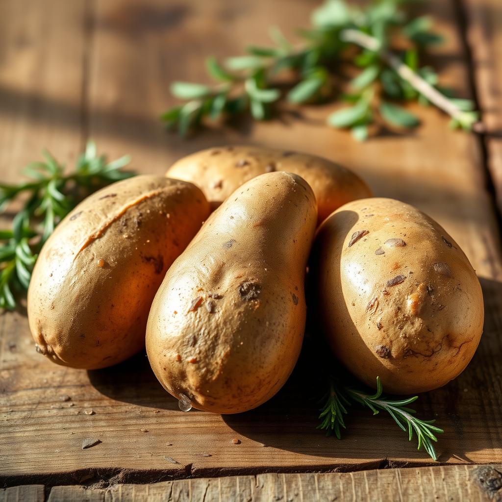 Three fresh, earthy brown potatoes sitting together on a rustic wooden table, with soft natural light illuminating their textured skin